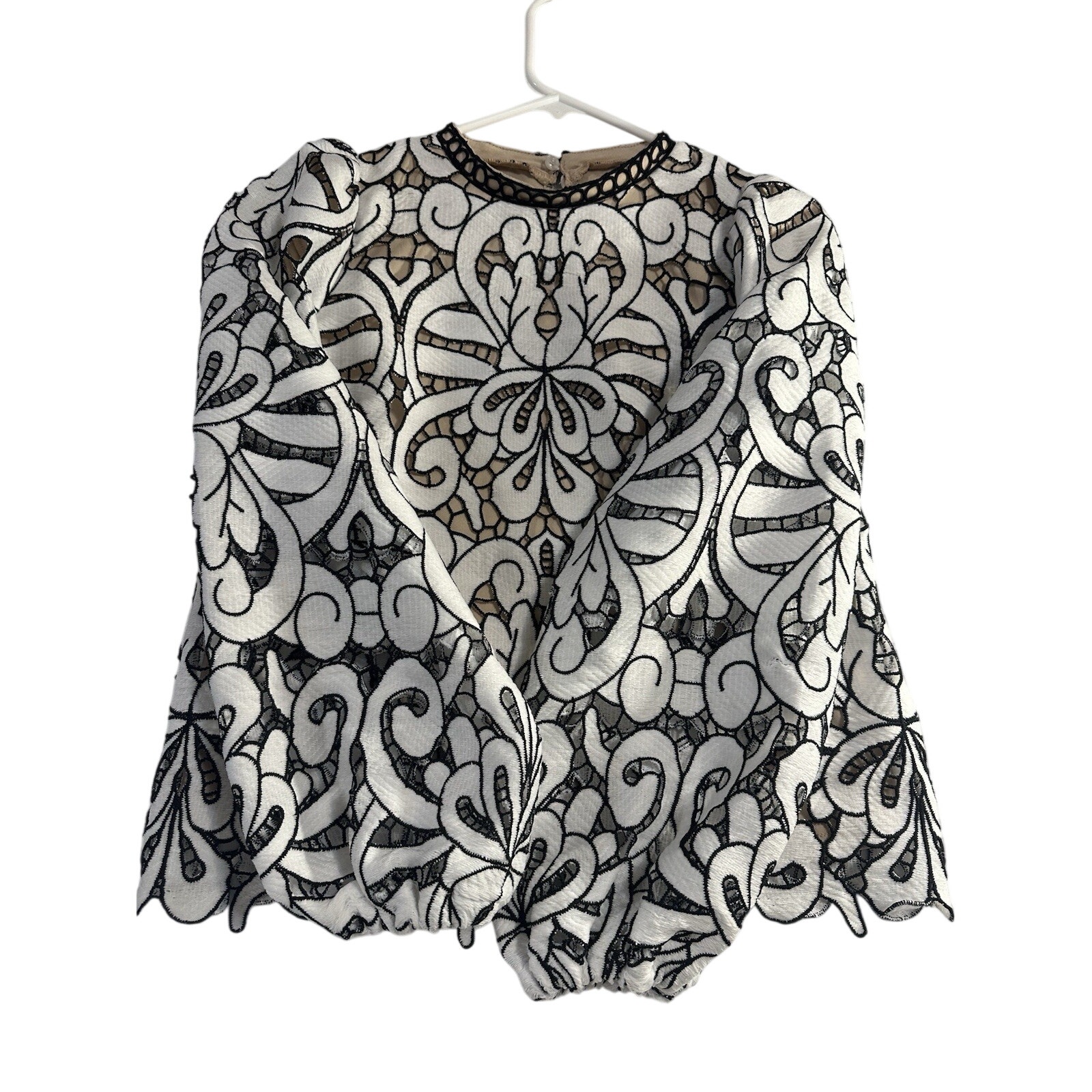 Bhme Women’s Small Embroidered Lace Top White Black Puff Sleeve Lined Blouse